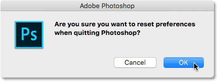 مربع تأكيد إعادة تعيين تفضيلات Photoshop.