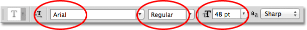 The font, font style and size options in the Options Bar in Photoshop. 