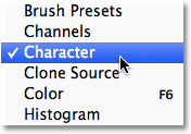 Selecting the Character panel from the Window menu in the Menu Bar. 