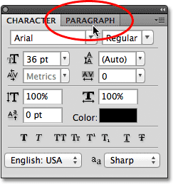 The Character and Paragraph panel group in Photoshop. 