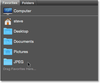 The JPEG folder's location has been saved as a Favorite in Bridge. Image © 2015 Photoshop Essentials.com