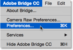 Choosing Preferences from under the Adobe Bridge CC menu.