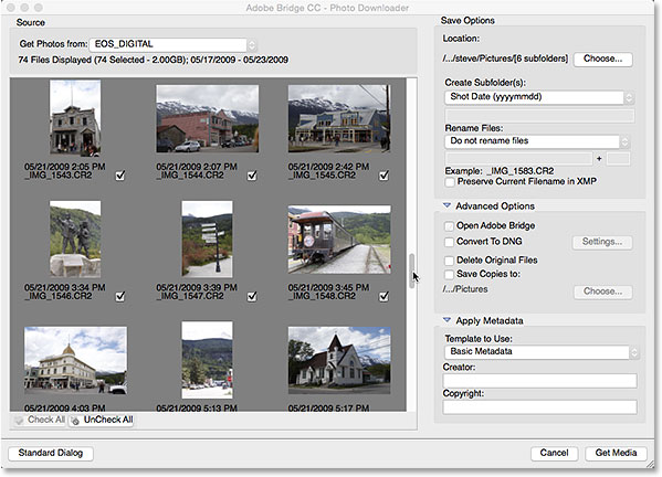 The Adobe Photo Downloader advanced dialog.