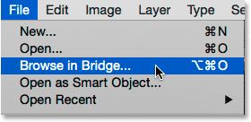 Selecting the Browse in Bridge command from under the File menu in Photoshop.