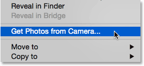 Selecting the Get Photos from Camera command from under the File menu in Adobe Bridge.