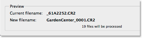 The Preview area in the Batch Rename dialog box. Image © 2014 Photoshop Essentials.com