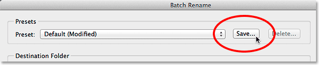 Saving the new name as a preset in the Batch Rename dialog box. Image © 2014 Photoshop Essentials.com