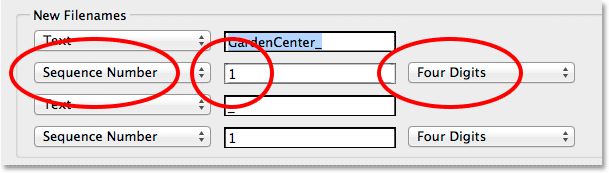 Adding a sequence number as the second part of the new file name. Image © 2014 Photoshop Essentials.com