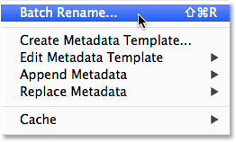 Selecting Batch Rename from the Tools menu in Adobe Bridge. Image © 2014 Photoshop Essentials.com