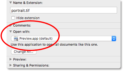 The Info dialog box showing Preview as the default app for TIFF files.