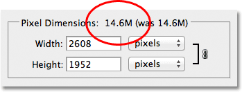 The current file size as shown in the Image Size dialog box. Image © 2022 Photoshop Essentials.com