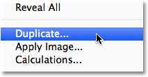 Selecting the Duplicate command from the Image menu in Photoshop. Image © 2012 Photoshop Essentials.com