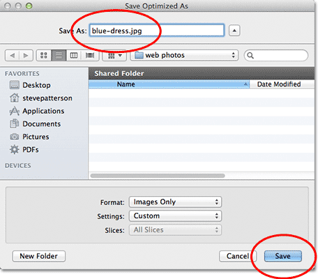 The Save Optimized As dialog box in Photoshop. Image © 2012 Photoshop Essentials.com