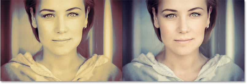 A comparison of the Gradient Map effect at 100 percent and 40 percent opacity.