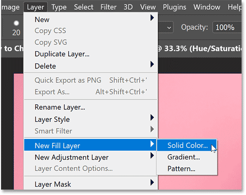 Adding a Solid Color fill layer from the Layer menu in Photoshop.