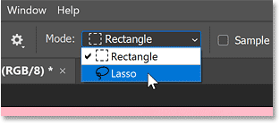 Changing the Object Selection Tool's mode to Lasso.