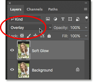 Changing the blend mode from Soft Light to Overlay. Image © 2016 Photoshop Essentials.com