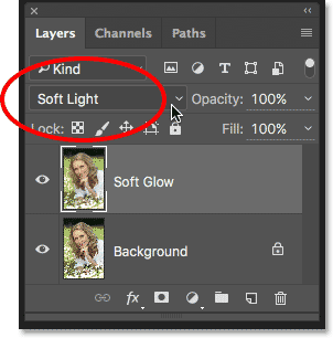 Changing the layer blend mode from Normal to Soft Light. Image © 2016 Photoshop Essentials.com