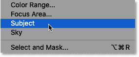 Choosing the Select Subject command in Photoshop