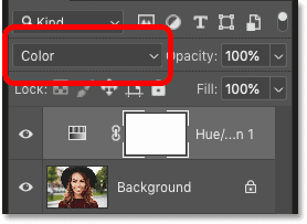 Changing the blend mode of the Hue/Saturation adjustment layer in Photoshop's Layers panel