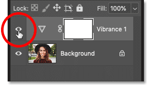 Turning the adjustment layer off by clicking its visibility icon in Photoshop's Layers panel