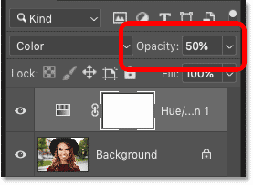 Lowering the Opacity of the Hue/Saturation adjustment layer