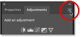 Opening the Adjustments panel menu in Photoshop