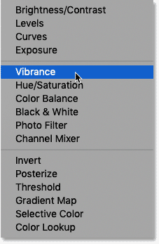 The list of adjustment layers in the Adjustments panel menu in Photoshop