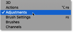 Opening Photoshop's Adjustments panel from the Window menu