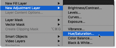 Adding a Hue/Saturation adjustment layer from Photoshop's Menu Bar