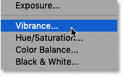 Choosing a Vibrance adjustment layer in Photoshop's Layers panel