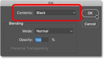 Setting the Contents option to Black in Photoshop's Fill dialog box