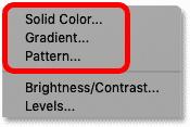 The three kinds of fill layers available in Photoshop