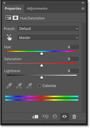 Photoshop's Properties panel showing the Hue/Saturation adjustment layer settings