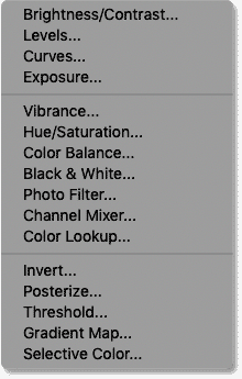 The list of Photoshop's adjustment layers