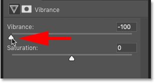 Lowering the Vibrance value for the Vibrance adjustment layer in Photoshop's Properties panel