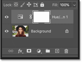 Photoshop's Layers panel showing the Hue/Satuation adjustment layer above the image