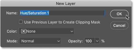 The New Layer dialog box opens when adding adjustment layers from Photoshop's Menu Bar