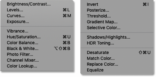 The list of Photoshop's image adjustment commands