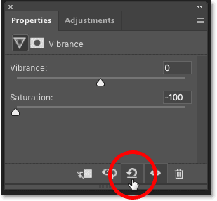 Clicking the Reset to Defaults icon in Photoshop's Properties panel