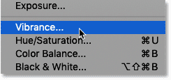 Choosing a Vibrance image adjustment in Photoshop