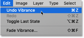 Choosing the Undo Vibrance command in the Edit menu in Photoshop