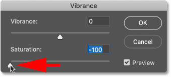 Dragging the Saturation slider for the Vibrance image adjustment in Photoshop