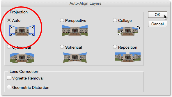 Leaving the Projection option set to Auto in the Auto-Align Layers dialog box. 