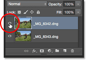 The Layers panel showing both photos loaded into the document. 