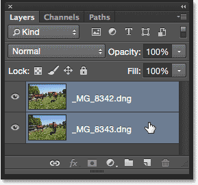 The Selecting both layers at once in the Layers panel. 