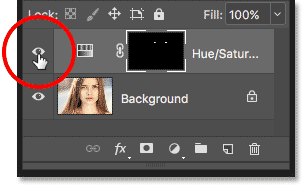 النقر فوق أيقونة رؤية الطبقة لطبقة ضبط Hue / Saturation.