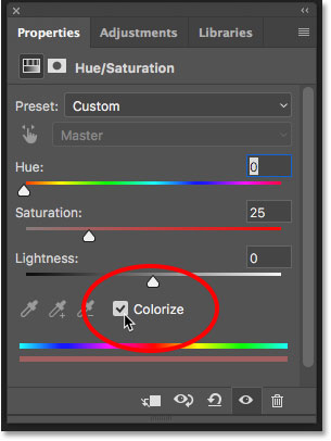 Selecting the Colorize option for Hue/Saturation in the Properties panel.