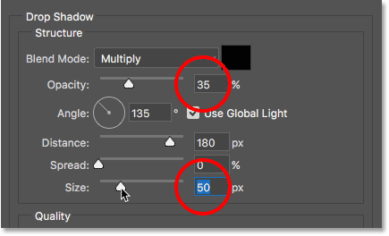 The Size and Opacity values for the drop shadow. 