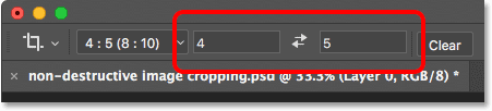 The Width and Height options for the Crop Tool in the Options Bar.